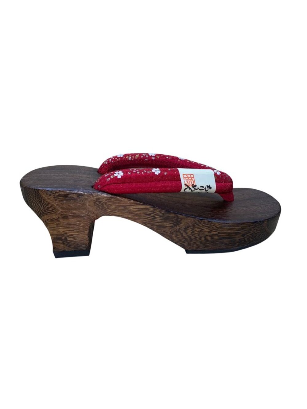 Japanese Women’s Red Floral Print Strap Wood Sole Geta Sandals Size M